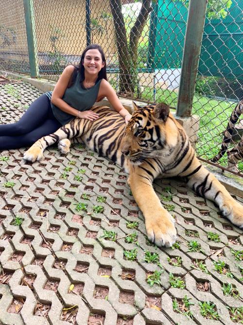 Elizabeth sitting next to a tiger